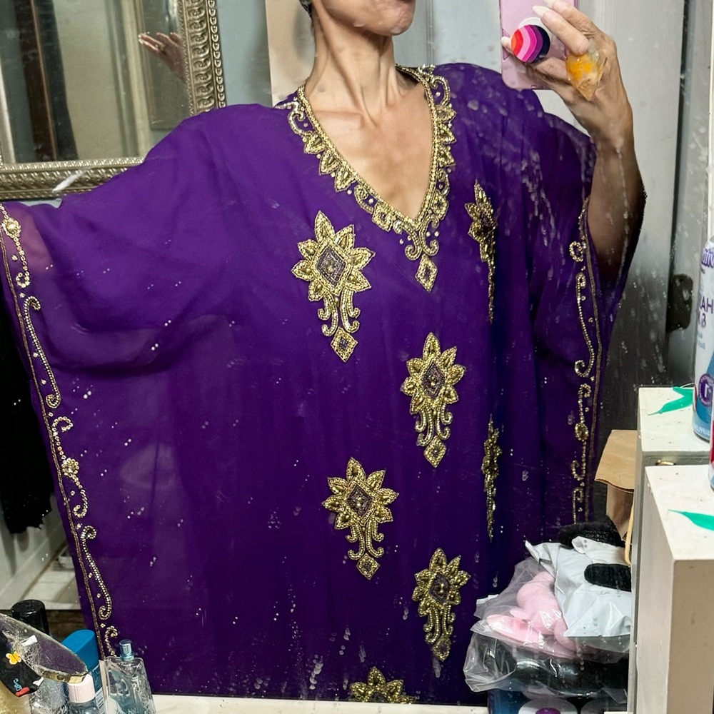 Purple gold Vtg beaded caftan hostess dress gown goddess India ties lined S M XS